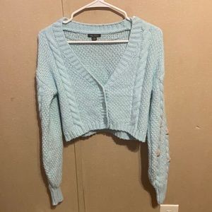 Blue/teal Cardigan sweater with flowers on arm sleeves
